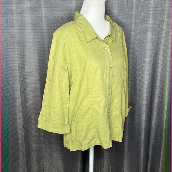 CHRISTOPHER & BANKS XL GREEN LINEN BUTTON UP BLOUSE - Picture 4 of 8